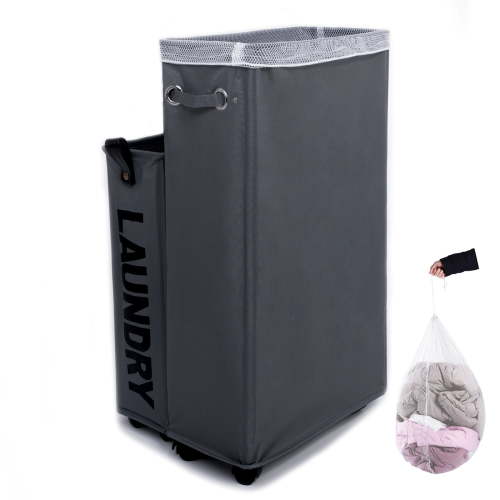 Laundry Hamper, Caroeas 27inch x-Large Rolling Laundry Basket Collapsible Tall Slim Laundry Hamper with Washable & Breathable Mesh Liner Waterproof & Dustproof Laundry Cart on Wheels (Grey)