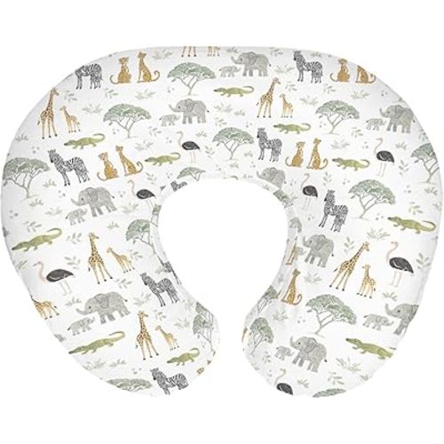 Jungle Safari Animals Baby Nursing Pillow Covers for Boy Girl Elephant Zebra Giraffe Leopard Tree Nursery Slipcover for Breastfeeding Pillows Zoo African Animal Soft Stretchy Cover for Newborn Infant