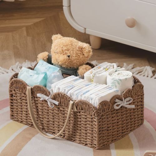 HBlife Large Baby Diaper Caddy, Paper Rope Storage Baskets Nursery Bin with Removable Divider, Portable Car Organizer for Diapers, Baby Shower Gifts, Newborn Essentials Must Haves