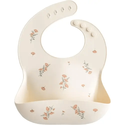 mushie Silicone Baby Bib | Adjustable Fit Waterproof Bibs (Pink Flowers)