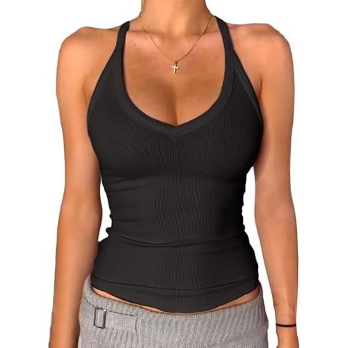 Danysu V Neck Racer Back Tank Top for Women Padded Ribbed Long Tank Fitted Basic Cami Tops