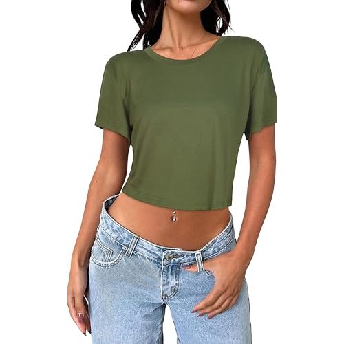 Womens Summer Crop Tops Short Sleeve Round Neck T-Shirts Loose Fit Casual Blouse 2026