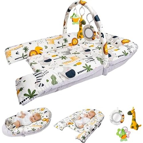 Baby Lounger with Toy Bar & 3 Toys – Infant Nest for Newborns 0–12 Months | 100% Cotton Soft Breathable Cover, Portable Washable Tummy Time Pillow, Shower Gift Registry Essential Newborn Boys