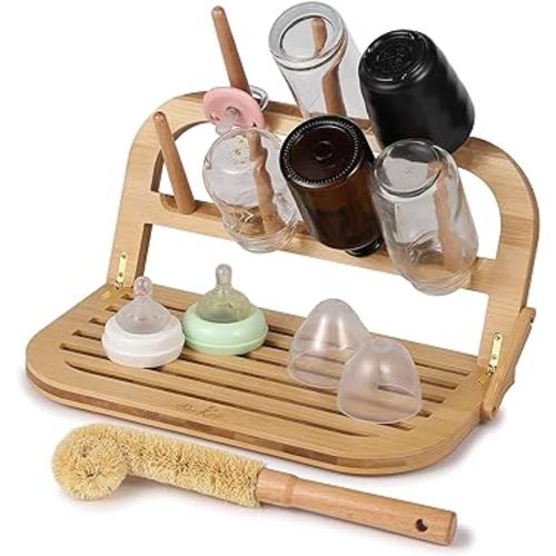 Bamboo Baby Bottle Drying Rack, Baby Bottle drying Rack Space Saving Bottle Drying Rack Bamboo Baby Bottle Rack Dryer, Baby Bottle Holder & Baby Bottle Dryer Rack Baby Bottle Brush and Drying Rack