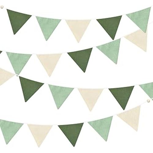 2 Sets of Sage Green Pennant Banner 24Pcs Nursery Garland Flags Olive Green Fabric Linen Triangle Streamers for Baby Room Decor Kids Jungle Safari Summer Birthday Baby Shower Boho Party Decorations