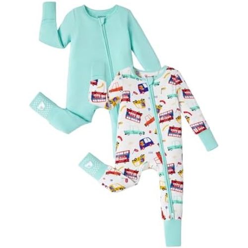 PATPAT Baby Footie Romper, Viscose from Bamboo, Long Sleeve, 2-Way Zipper, Fold-Over Mittens, Cuffs & Anti-Slip Grips