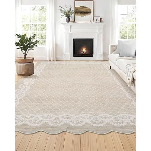 GarveeHome Washable Scalloped Rugs 5x7 Modern Geometric Living Room Rug, Stain-Resistant Scalloped Throw Rug, Soft Faux Wool Floor Cover for Bedroom, Office, Kitchen, Beige