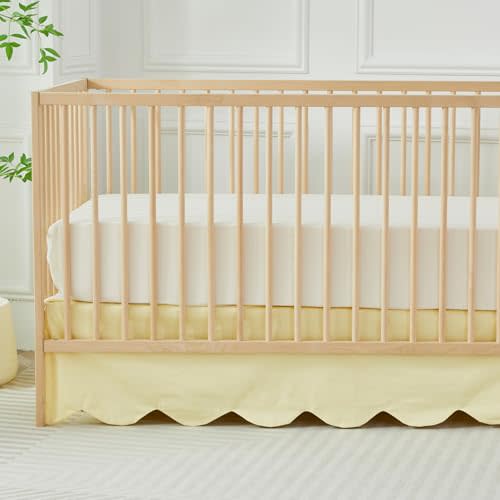 Brandream Scallop Edge Cotton Crib Skirt Toddler Bedskirt Baby Nursery Crib Bed Skirt Boho Bohemian Neutral Solid Color Light Yellow Farmhouse Chic Bedding Skirt