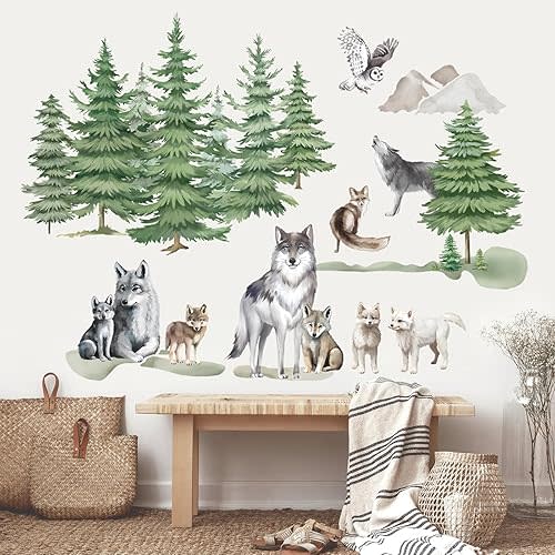 wondever Forest Tree Animal Wolf Wall Stickers Mountain Pine Trees Peel and Stick Wall Art Decals for Living Room Bedroom TV Wall Decor