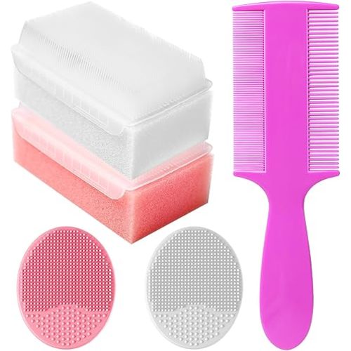 Cradle Cap Brush for Babies, Set of 5 Baby Bath Essentials with Bath Sponge Silicone Scrubber Long Handle Comb for Newborns Toddlers Boys Girls (Pink)