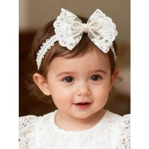 Handmade Baby Girl Headbands in Beige Baby Bows and Floral Lace Headband Bows for Newborns and Toddlers Cute Baby Girl Bows and Newborn Headband Bows