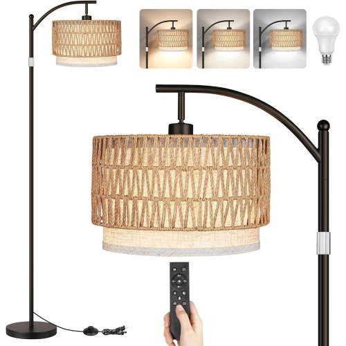 Boho Standing Lamps with Rattan& Linen Double Shades, Arc Lamps Floor Standing with 9W Bulb, Foot Switch, Rattan Floor Lamps for Living Room, Bedroom, Office-Drum