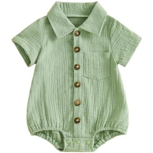 Karuedoo Infant Baby Boy Summer Clothes Muslin Button Up Shirt Bodysuit Short Sleeve Collared Bubble Romper One Piece Outfit