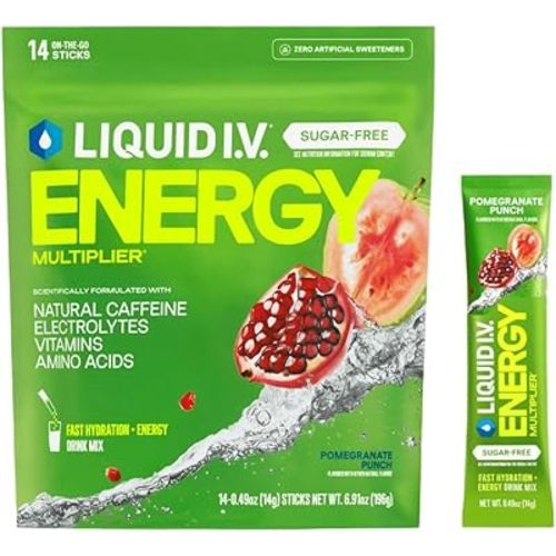Liquid I.V.® Hydration Multiplier Sugar Free + Energy - Pomegranate Punch | Electrolyte Powder Drink Mix | 1 Pack (14 Servings)