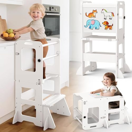 4-in-1 Toddler Kitchen Step Stool, Foldable Learning Standing Tower with Whiteboard, Wooden Kitchen Stool Helper for Kids, 1-3 Year Old Boy Girl Gifts