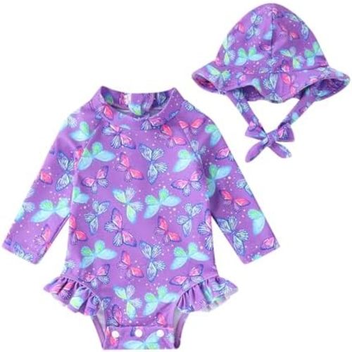 Infant Baby Girl Swimsuit One-Piece Long Sleeve Rash Guard with Hat Set Floral Zipper Bathing Suit Leopard Beach Wear