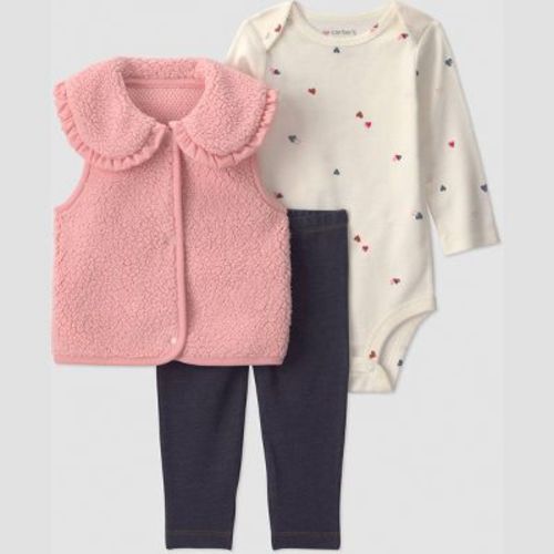 Carter's Just One You® Baby Girls' 3pc Long Sleeve Heart Printed Bodysuit, Pants and Vest Set - Pink Newborn