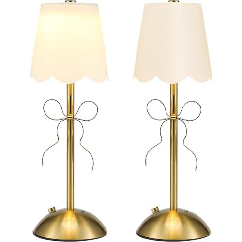 2 Pack Fabric Bow Lamp Golden Bowknot Bedside Lamp with Fabric Lampshade for Princess Rooms Girls' Rooms Pink Party Decoration