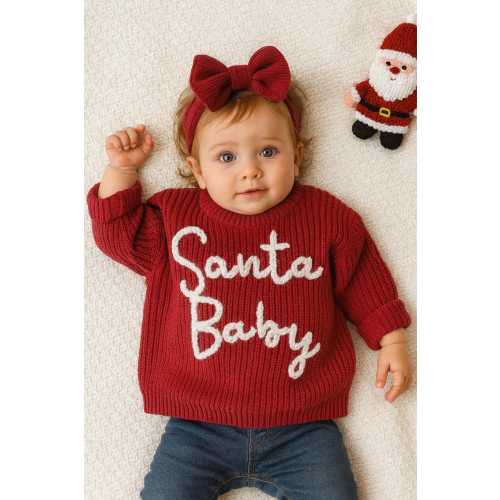 Hand Embroidered Christmas Santa Baby Sweater,Christmas Baby Knitted Jumper,Newborn First Christmas Gift, Newborn Shower Gift