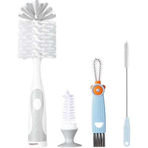 Baby Bottle Brush Set 4 in 1, Baby Bottle Cleaner, with 1P Nylon Bottle Brush, 1P Bottle Cap Brushes, 2P Straw Brushes, Bottle Brush with Nipple Cleaner and Suction Cup, BPA-Free(Grey)