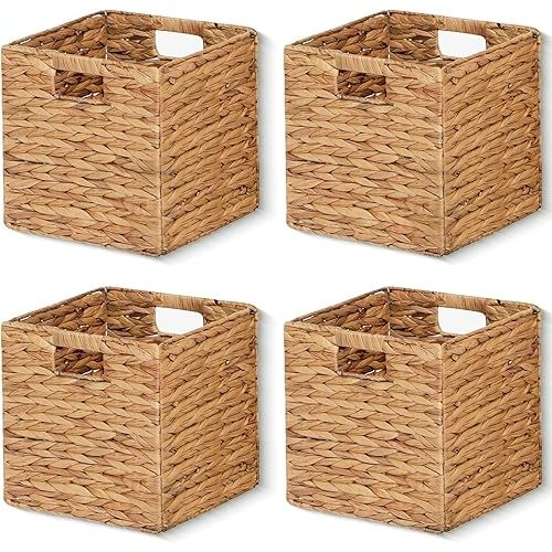 11x11x11in Storage Baskets Wicker Cubes Set of 4 Baskets ,Foldable Water Hyacinth Baskets,Handwoven Storage Baskets for Shelves,Kitchen or Outdoor