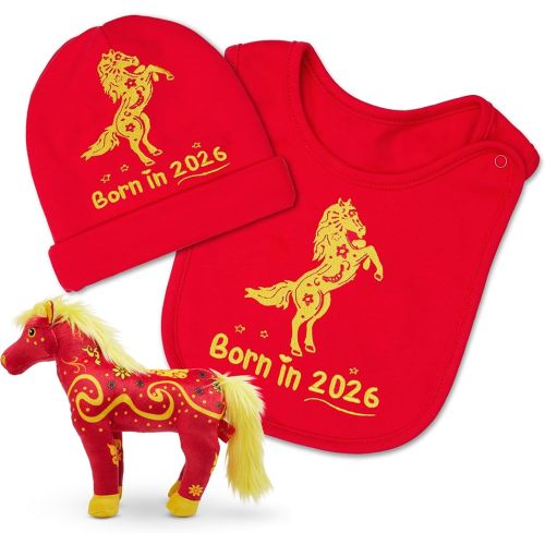 FoxE Year of the Horse Gift Set Born in 2026 - Bib, Beanie & Plush Toy Gift Set - with Chinese New Year Red Envelopes - Unisex, 100% Cotton, 0-24 Months - Lunar New Year Gifts