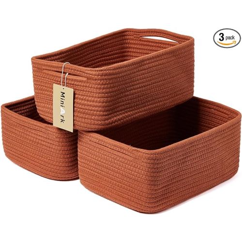 Small Storage Baskets for Organizing | Closet Organizer Bins | Shelf Toy Basket | Woven Rope Baskets | Cube Decorative Box | Shallow Basket | 13x8.5x5.1” | 3 Packs Oxide Red