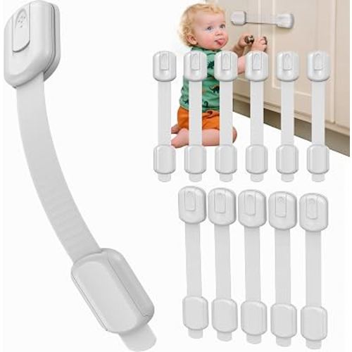 Infinno 12 Pack Cabinet Locks Baby Proofing Heavy Duty - Child Safety Cabinet Locks for Drawers, Cupboards & Fridge – No Drill 3M Adhesive Locks for Pets - Toddler Safety Latches-Gery