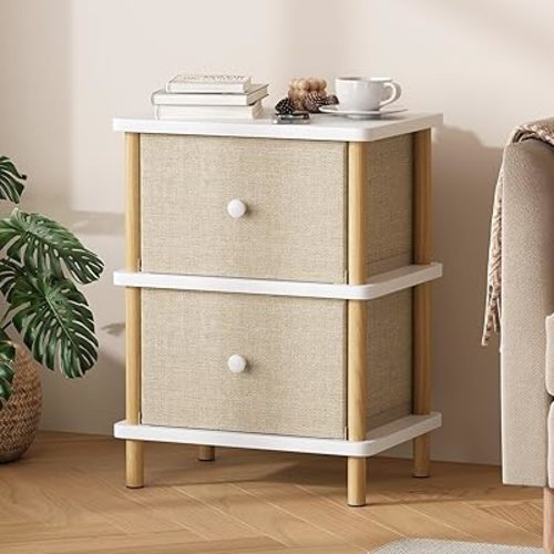 Apicizon Nightstand with 2 Drawers, Side Table with Storage, White+Natural