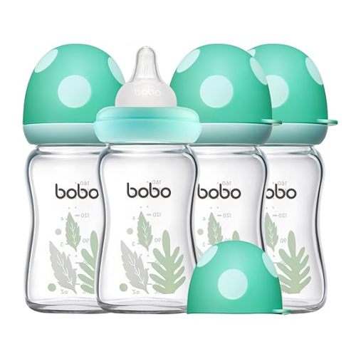 YOHKOH Natural Glass Baby Bottle with Level 1 Slow Flow Nipple, Newborn Anti-Colic Baby Bottles, Wide Neck Mushroom Baby Glass Bottle ((5.4oz (Pack of 4), Blue-A)