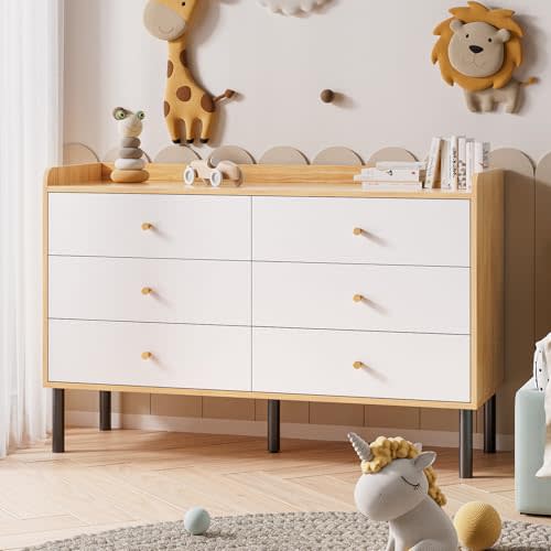 LYNSOM Dresser for Bedroom, 6 Drawer Natural Wood Dresser with Wide Drawer and Metal Handles, Modern Dressers & Chests of Drawers for Hallway Entryway