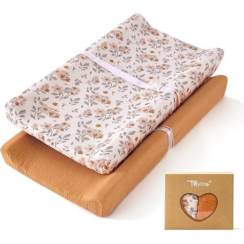 TILLYOU Muslin Changing Pad Cover for Baby Girls Boys, Soft and Breathable Cotton Diaper Changing Table Cover, 2 Pack(Yellow Flower)