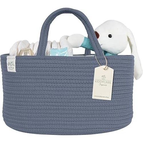 KiddyCare Diaper Caddy Organizer for Baby Nursery Basket with Handle Lid | Nursing bag with Changing Table Organizer Cart | Newborn Caddy | Blue PTRN X-Large
