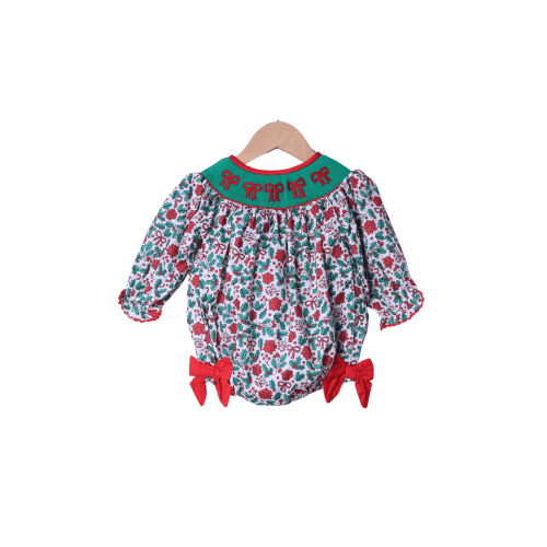 Smocked Sweet Holly Bow Scalloped Bubble