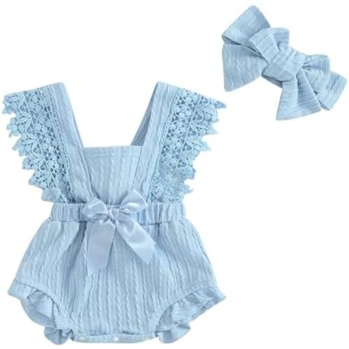 Yoawdats Baby Girl Lace Romper Sleeveless Ruffle Bow Decorated Romper Jumpsuit Bodysuit with Headband Newborn Baby Clothes