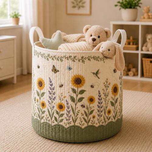 Sunflower Quilt Laundry Basket, Floral Nursery Storage Basket, Bee Toy Basket, Wildflower Clothes Hamper, Baby Room Organizer Gift