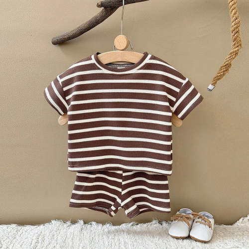 Brown Striped Waffle Shorts Set | RYAN AND REMI