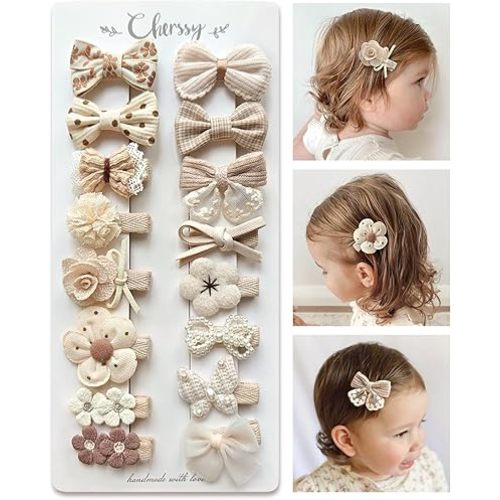 Boutique Baby Hair Bow Clips, 16 Pcs Tiny Floral Baby Barrettes Fully Lined Alligator Clips, Handmade Hair Accessories for Infant Toddler Girl's Fine Hair