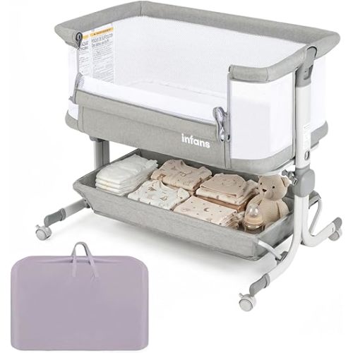 INFANS 3 in 1 Baby Bassinet, Bedside Sleeper with Comfy Mattress, Wheels, 6 Height Adjustable, Storage Basket, Travel Bag, Portable All Mesh Crib for Newborn Infant (Gray)