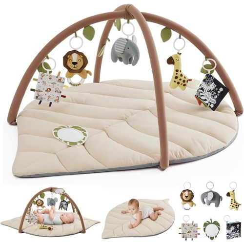 Blissful Diary Baby Play Gym & Activity Mat, Leaf Shaped Baby Tummy Time Play Mat with 6 Detachable Toys, Promotes Motor Skills & Sensory Development, Oatmeal Beige
