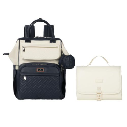 BabbleRoo Premium Vegan Leather Diaper Bag Backpack, Spacious & Stylish Vegan Leather Widetop Blueberry Bag & Eggshell Vegan Leather Changing Pad