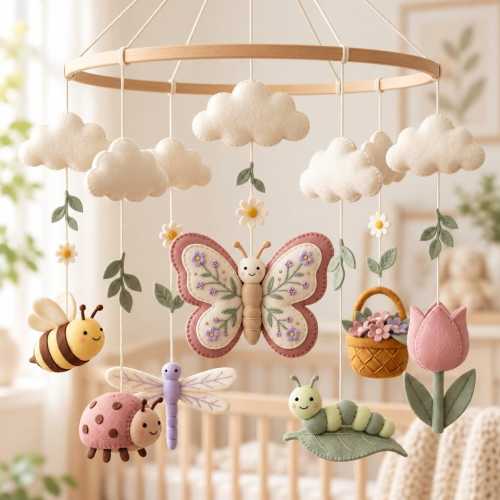 Butterfly Baby Mobile, Felt Garden Crib Decor, Bee Ladybug Dragonfly Nursery, Floral Baby Shower Gift