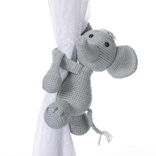 Moukeren Safari Crochet Animal Curtain Ties Back Elephant Shaped Curtain Tiebacks Holders Cute Jungle Animal Nursery Decor Accessories Gifts for Elephant Themed Bedroom Window Home Office (Left)