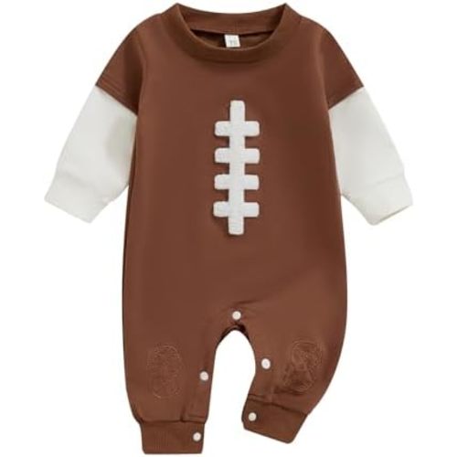 Lamuusaa Newborn Baby Boy Football Outfit Long Sleeve Football Embroidery Romper One Piece Bodysuit Jumpsuit 0-18M
