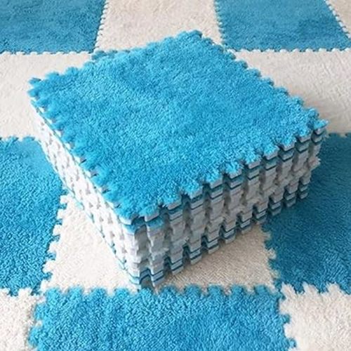 12pcs Plush Puzzle Foam Floor Mat, Soft Thicken Fluffy Interlocking Square Foam Tiles Area Rugs Carpet for Parlor Bedroom Decoration(11.8x11.8x0.55in, Blue&White)