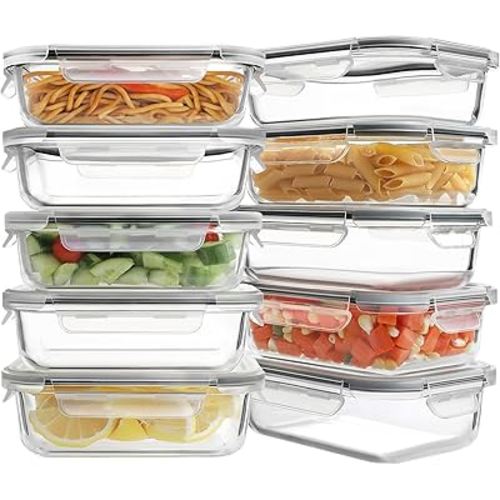 HOMBERKING 20 Pieces Glass Gray Food Storage Container | 10 Pack | Airtight, Leak Proof | BPA-Free | Bento Boxes