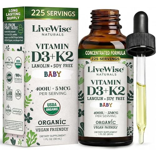 Live Wise Naturals Organic Vitamin D3 K2 Liquid Drops for Babies, Concentrated Formulation, 225 Servings, (MK-7), Micro-Dose Dropper, Gentle Daily Supplementation, Early Development, Precise Dosing
