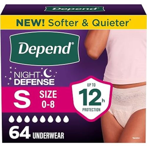 Depend Night Defense Adult Diapers, Incontinence & Postpartum Bladder Leak Underwear for Women, Disposable, Overnight, Small, Blush, 64 Count (4 Packs of 16), Packaging May Vary