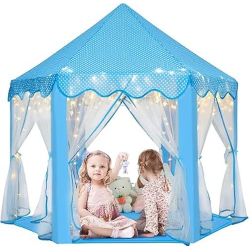 Monobeach Princess Tent Girls Large Playhouse Kids Castle Play Tent with Star Lights Toy for Children Indoor and Outdoor Games, 55'' x 53'' (DxH) (Blue Prinecss Tent with Little Star Lights)