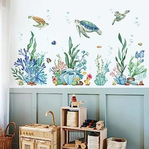 wondever Ocean Seaweed Grass Wall Stickers Turtle Under The Sea Peel and Stick Wall Art Decals for Baby Nursery Kids Bedroom Bathroom